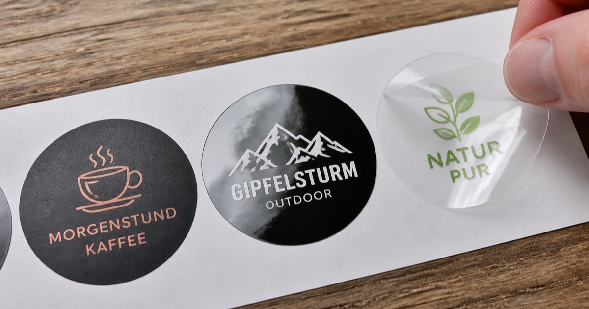 Sticker sheet with three round sticker finishes – matte, glossy and transparent – with a transparent sticker being peeled off