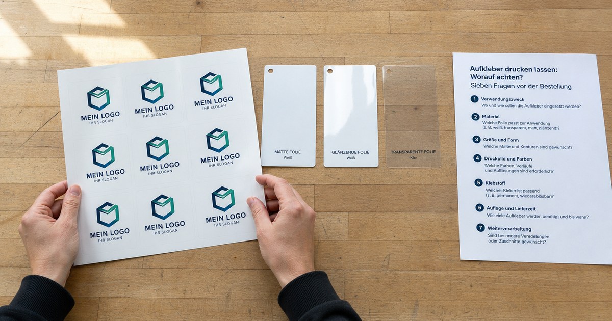 Hands laying a sticker sheet, vinyl samples and a printed checklist on a workbench
