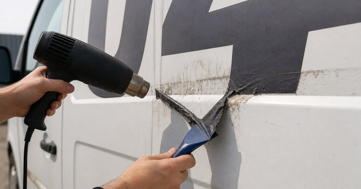 Hands removing old vinyl lettering from a delivery van with a heat gun and a plastic scraper