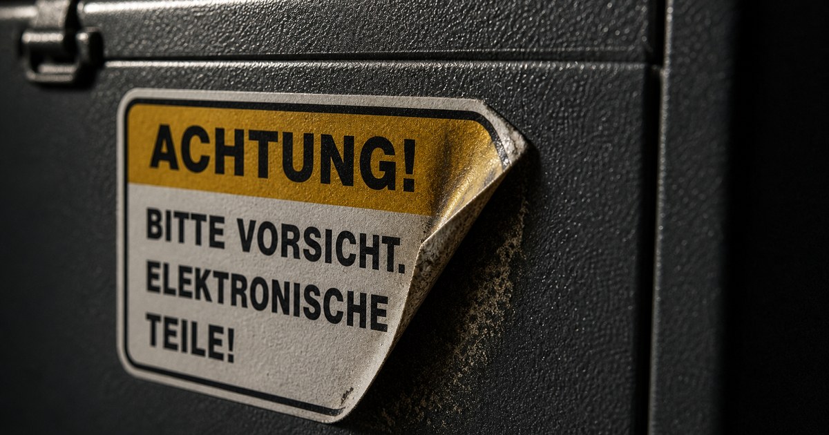 Close-up of a lifting sticker corner on a powder-coated toolbox