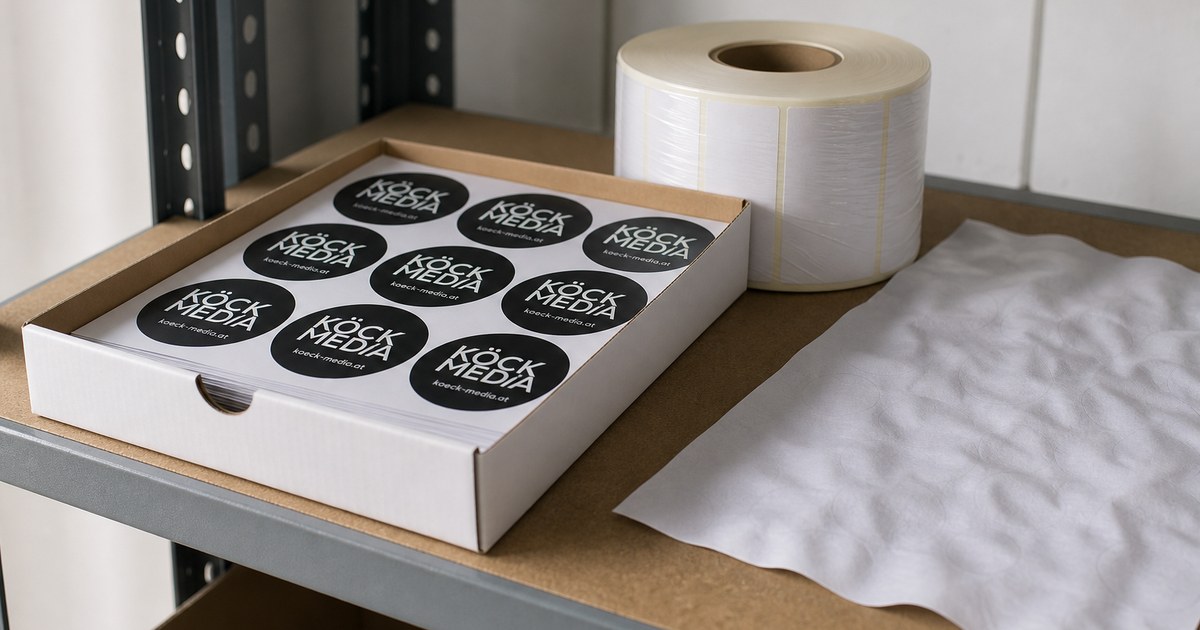 A flat box of sticker sheets and a sealed label roll on a shelf, next to them a sheet with wavy backing paper