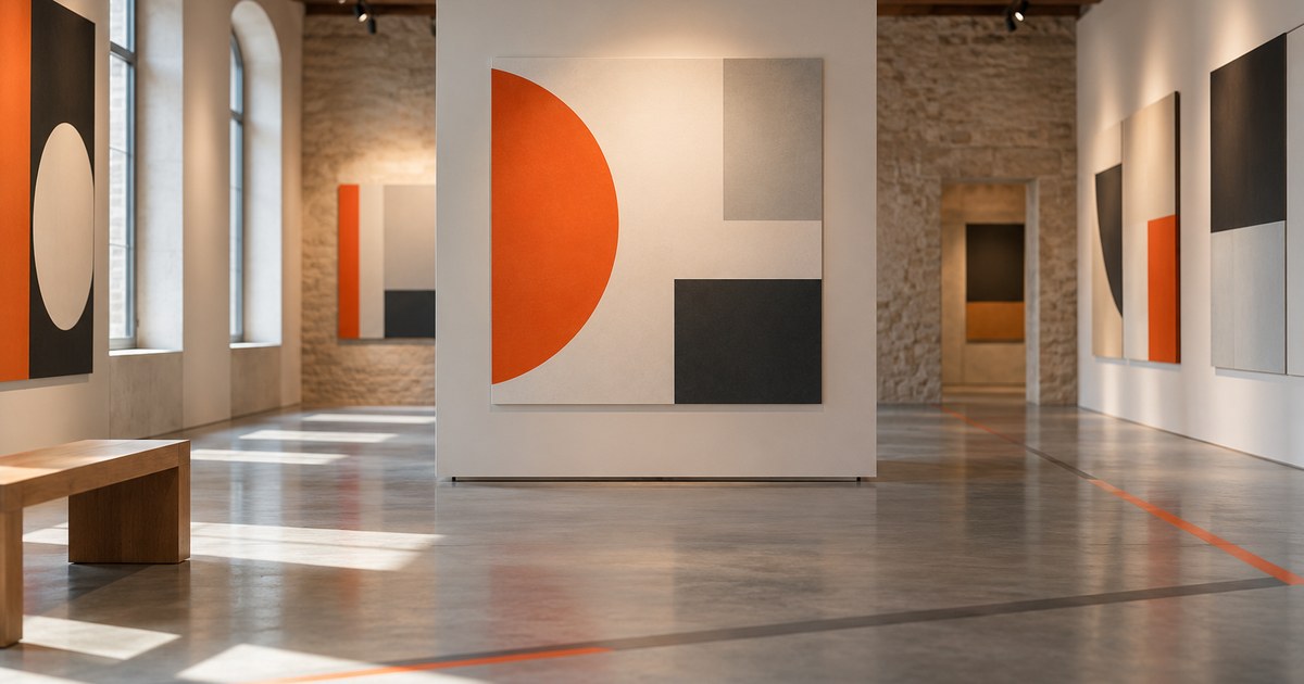 Exhibition room with large colour-field wall panels and guiding lines on the floor