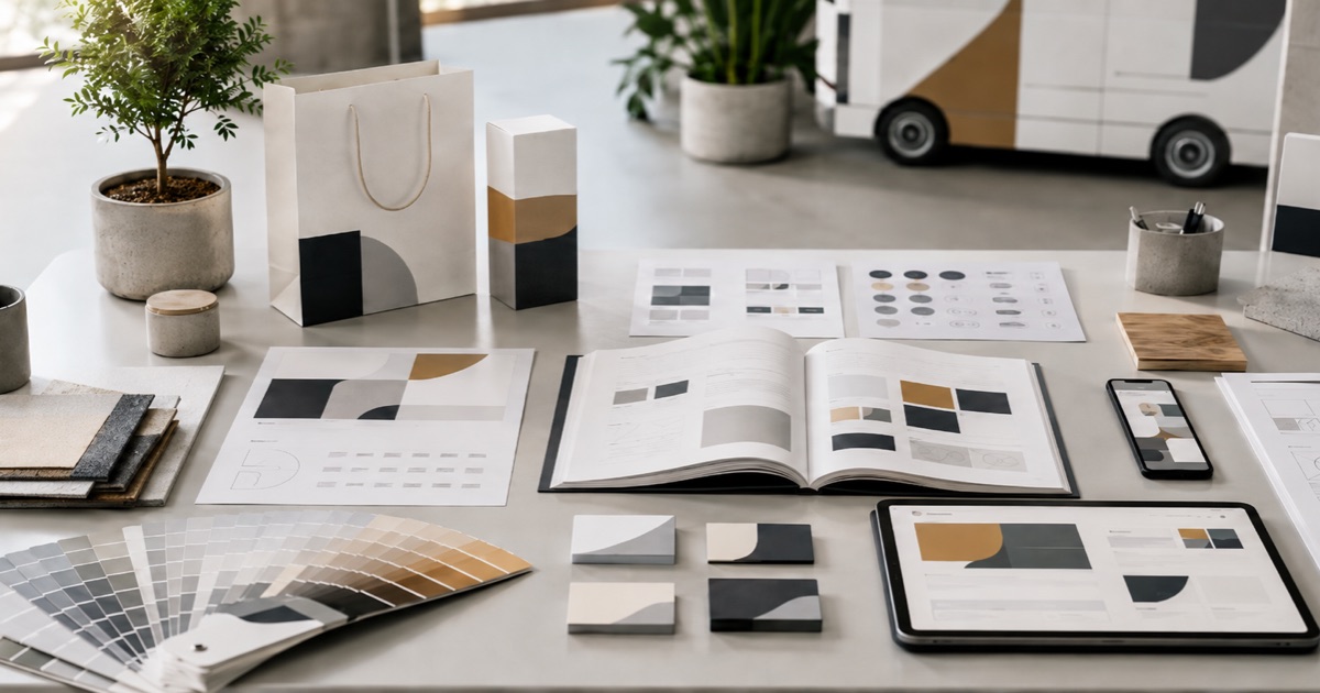 Corporate design elements on a table: style guide, colour swatches, packaging, material samples, tablet and a wrapped company vehicle in the background