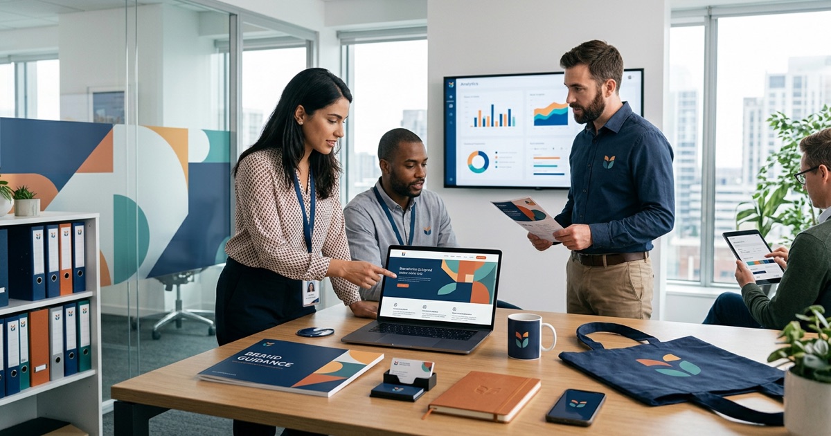 Team bespricht ein Corporate Design: Website, Brand-Guide, Visitenkarten und Werbemittel in einheitlichem Markenauftritt