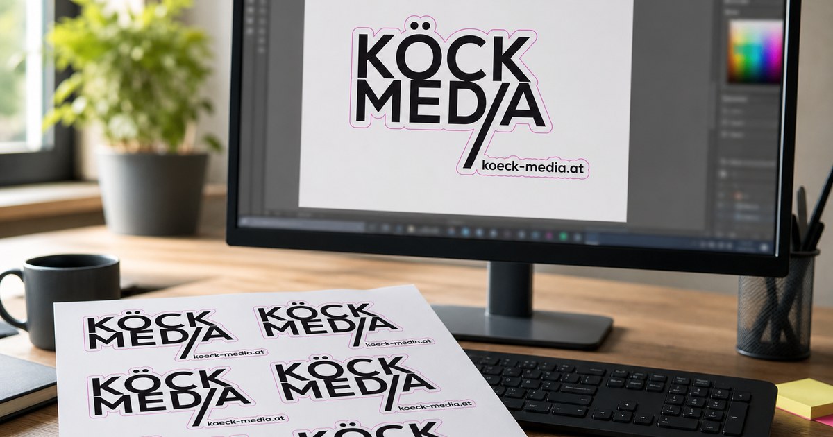 A screen showing a logo with a magenta contour line, in front of it a printed sheet of custom-shaped stickers