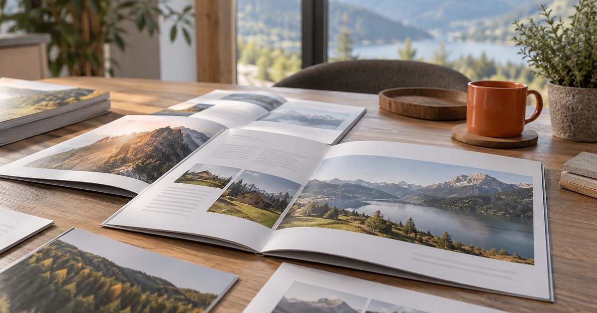 Open brochures and catalogues with a clear grid, large images and white space