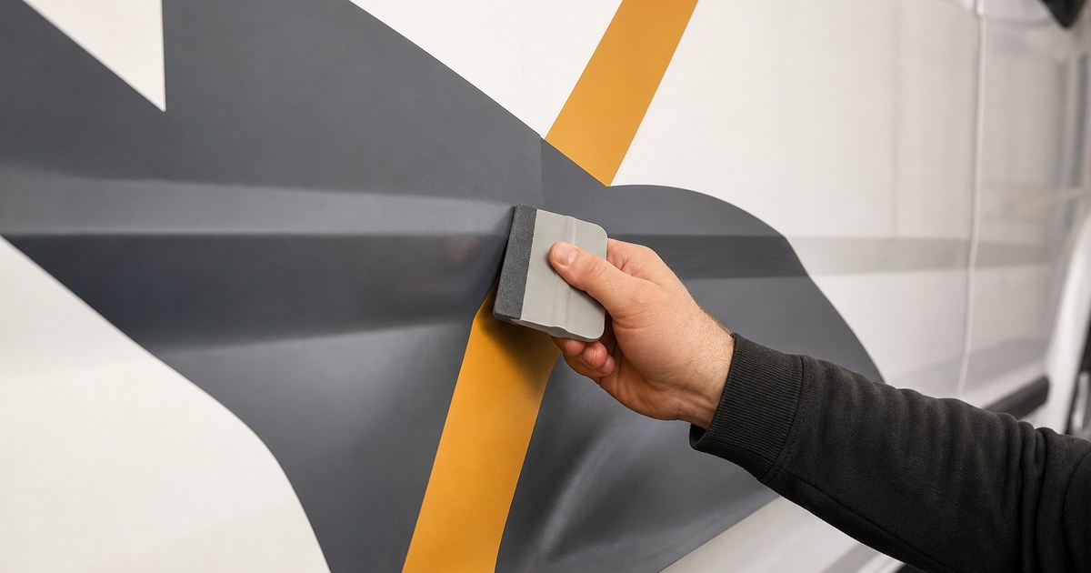 A hand with a squeegee works a length of vinyl over a swage line on the side panel of a van