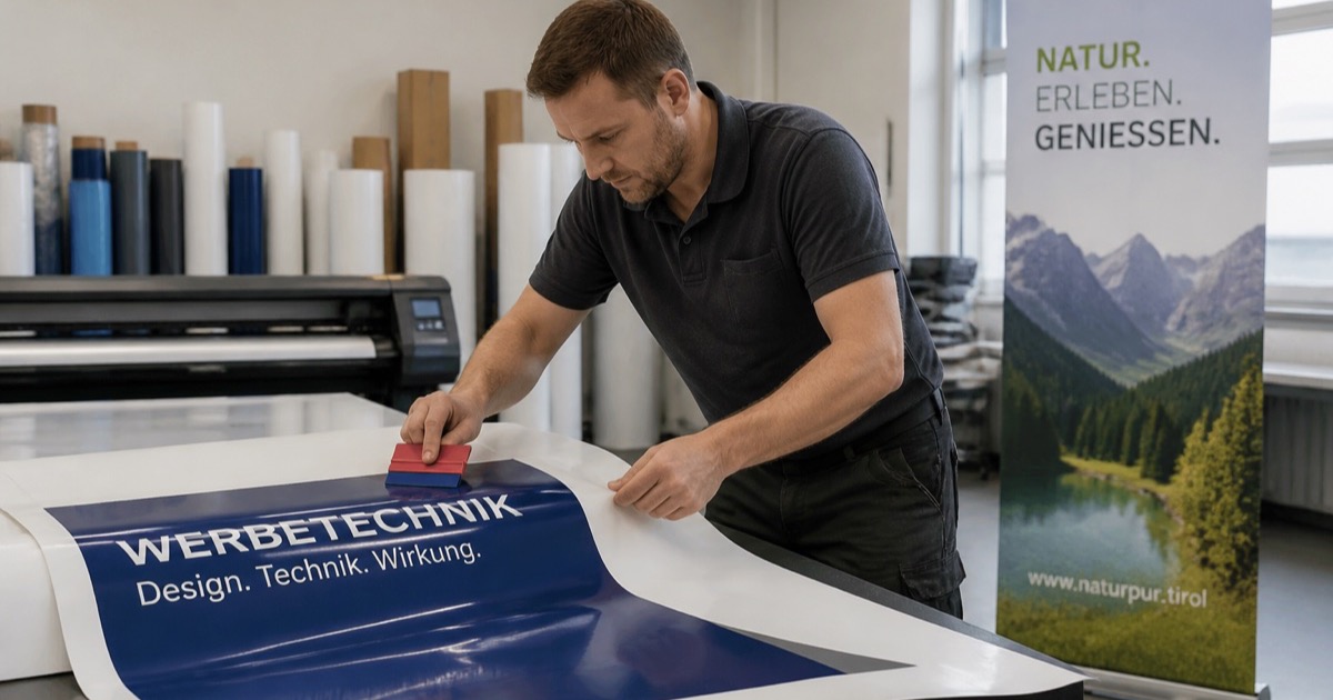 Sign maker applying blue advertising foil with a squeegee, next to a digitally printed roll-up banner and foil rolls in the workshop