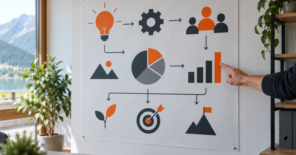 Infografik-Plakat aus Symbolen, Pfeilen und Diagrammformen, eine Hand zeigt auf ein Element