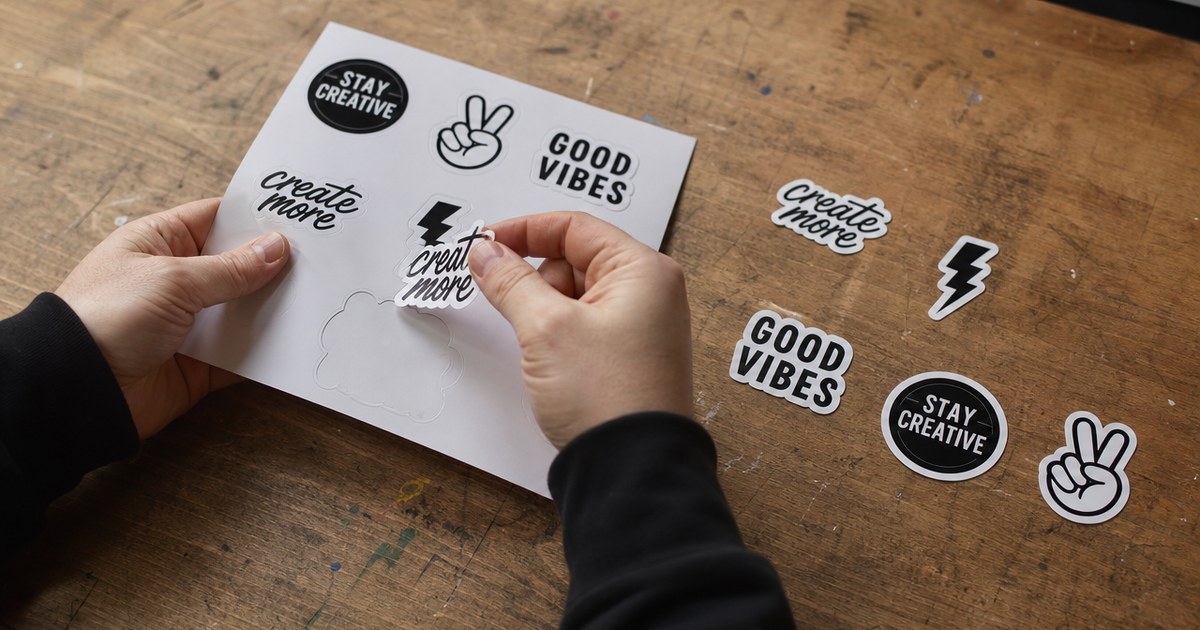Hände ziehen einen Aufkleber von einem Kiss-Cut-Bogen ab, daneben liegen einzeln geschnittene Sticker