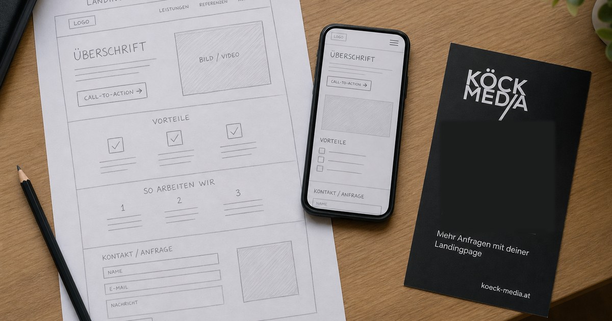 Skizze einer Zielseite auf Papier neben einem Smartphone mit der mobilen Ansicht und einem Folienandruck mit QR-Code