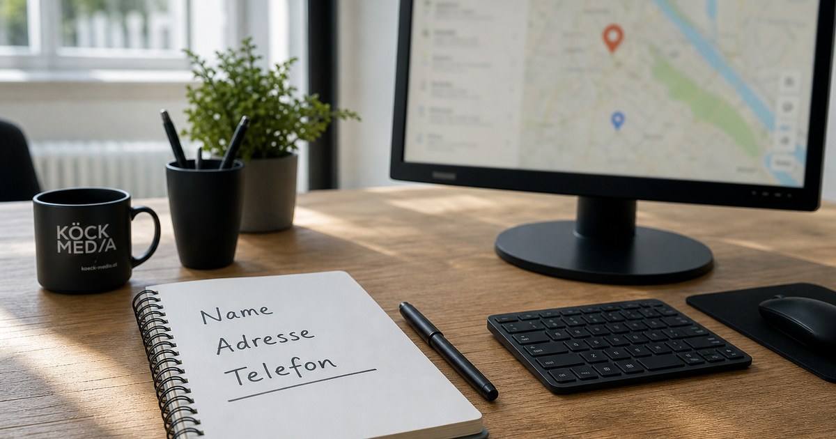 Skizze mit Firmenname, Adresse und Telefonnummer neben einem Bildschirm mit anonymisierter Kartenansicht auf einem Arbeitstisch