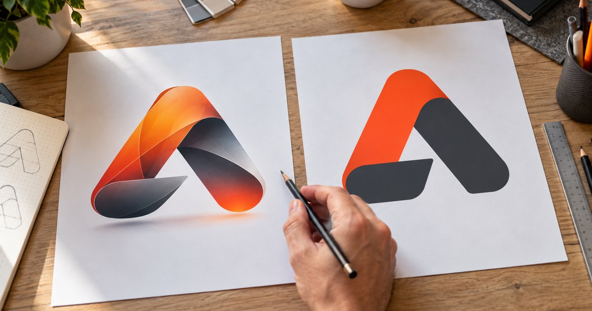 Old ornate emblem next to its simplified geometric version on paper, a hand with a pencil between them