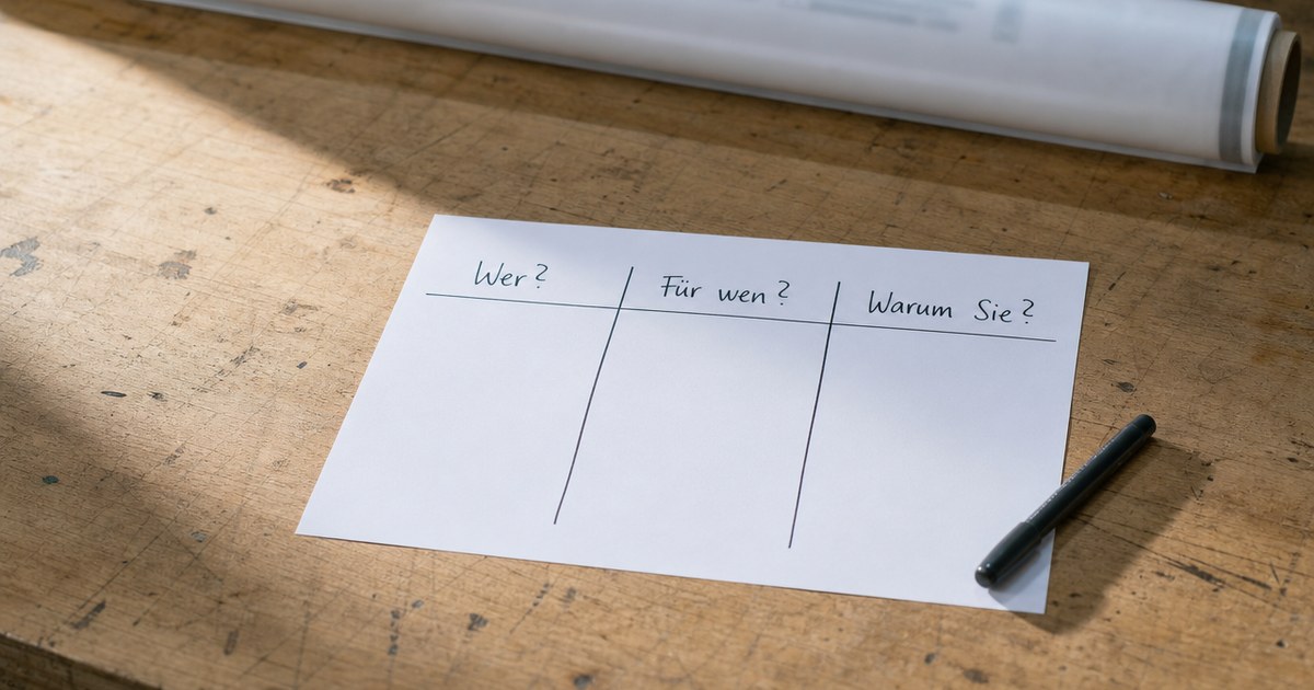 Sketch of a positioning on paper with the questions Who, For whom and Why on a workshop table