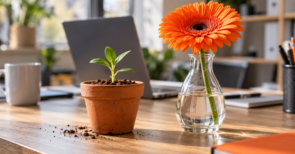 Zwei Pflanzen auf dem Schreibtisch: ein junger Setzling neben einer Schnittblume in der Vase