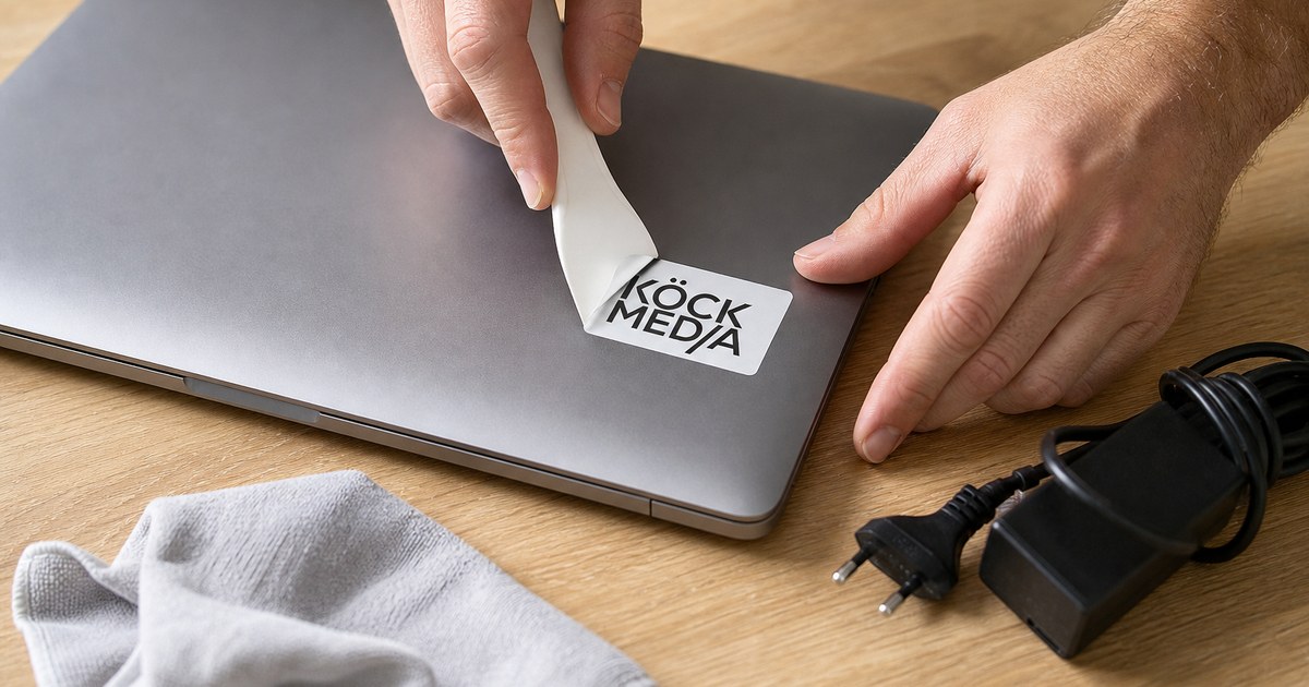 Hands lifting the corner of a sticker from the lid of a closed laptop with a plastic scraper, a microfibre cloth beside it