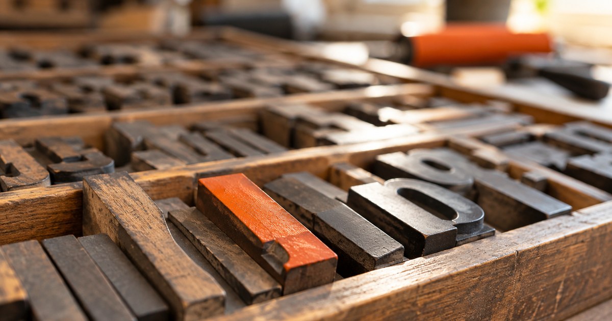 Type case with wooden letters, out of focus, one orange-inked block in front