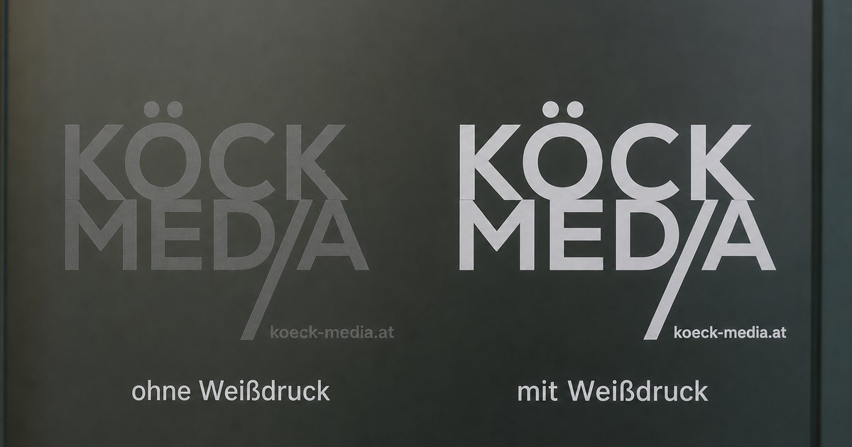 The same logo twice on a dark pane of glass, on the left without and on the right with white ink on clear film